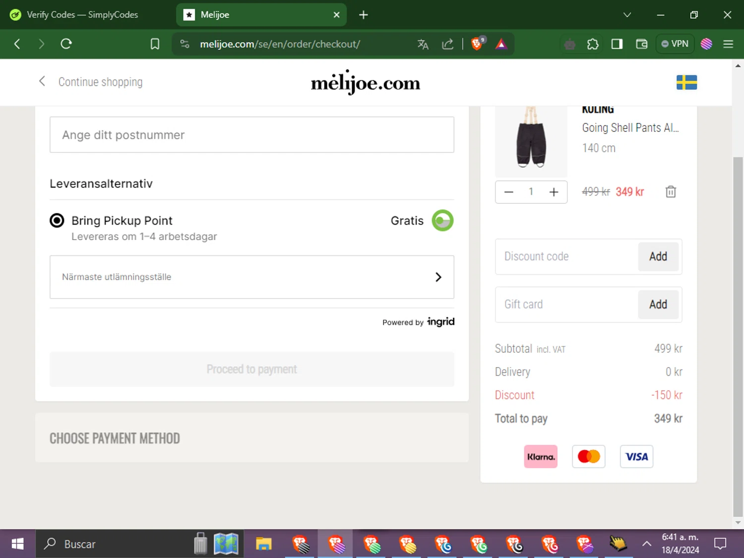 Melijoe checkout page showing Melijoe promo code box | Screenshot taken by SimplyCodes community member on Apr 18, 2024