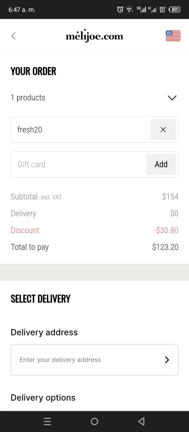 Melijoe checkout page showing Melijoe promo code box | Screenshot taken by SimplyCodes community member on Oct 31, 2024