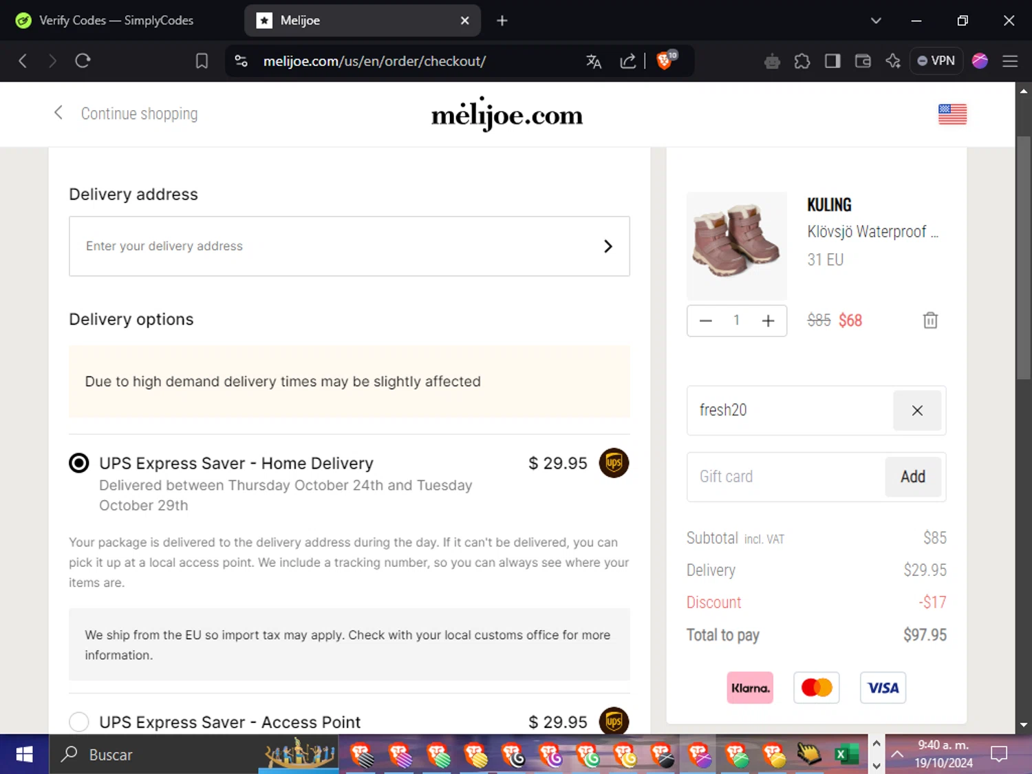 Melijoe checkout page showing Melijoe promo code box | Screenshot taken by SimplyCodes community member on Oct 19, 2024