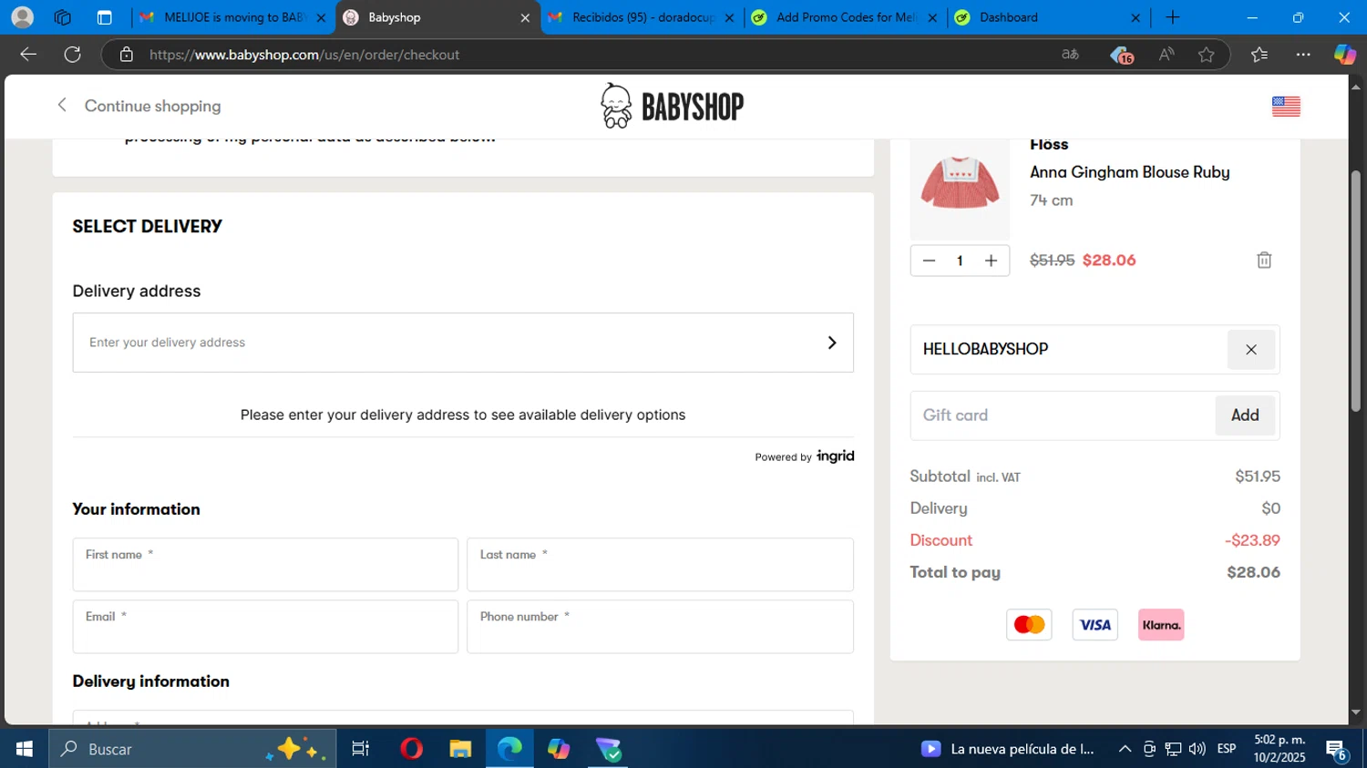 Melijoe promo code screenshot showing code HELLOBABYSHOP applied at Melijoe checkout page. Uploaded by SimplyCodes community member Mdeoca on Feb 10, 2025