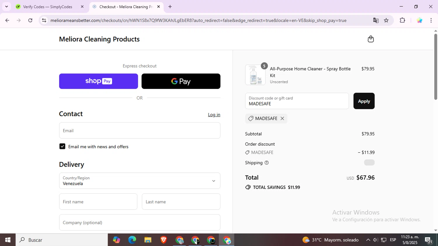 Meliora Cleaning Products promo code screenshot showing code MADESAFE applied at Meliora Cleaning Products checkout page. Uploaded by SimplyCodes community member Estrellitacoairis on Aug 5, 2025