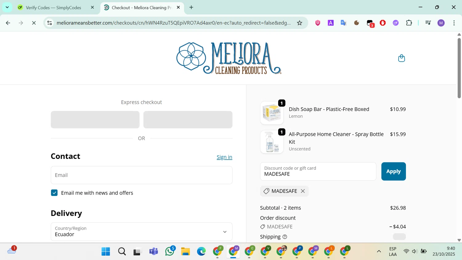 Meliora Cleaning Products promo code screenshot showing code MADESAFE applied at Meliora Cleaning Products checkout page. Uploaded by SimplyCodes community member ValueLion1621 on Oct 23, 2025