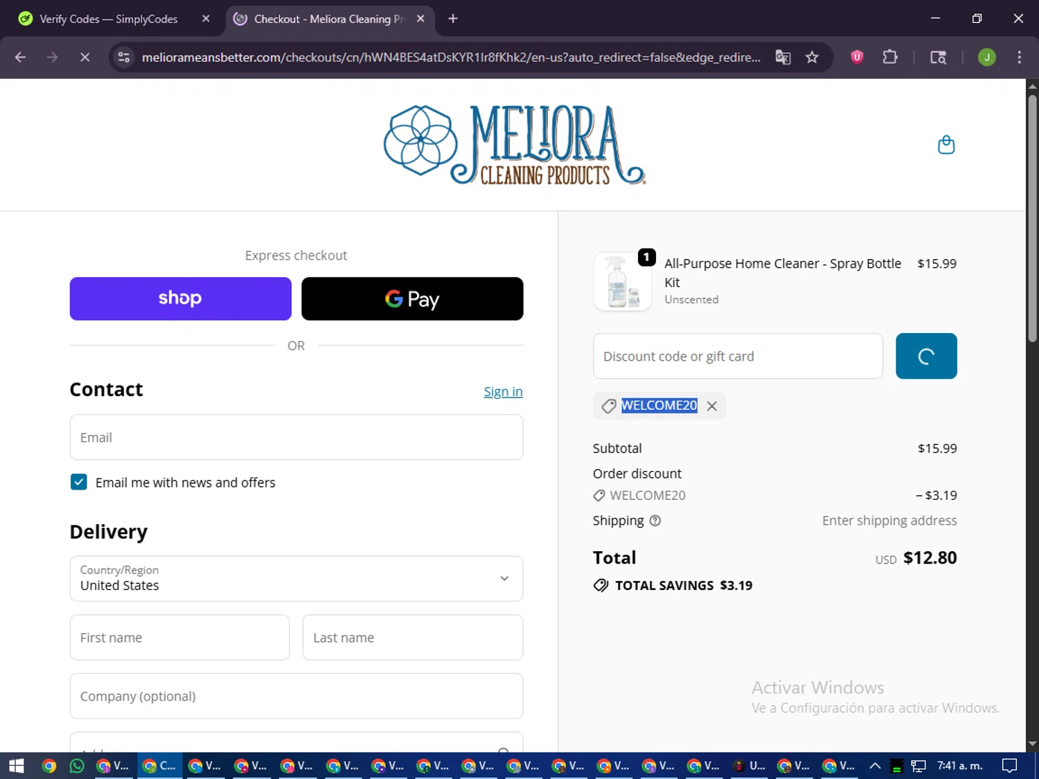Meliora Cleaning Products promo code screenshot showing code WELCOME20 applied at Meliora Cleaning Products checkout page. Uploaded by SimplyCodes community member LilBaby on Oct 16, 2025