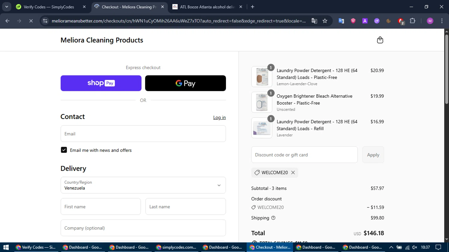 Meliora Cleaning Products promo code screenshot showing code WELCOME20 applied at Meliora Cleaning Products checkout page. Uploaded by SimplyCodes community member MightyTracker1549 on Aug 17, 2025