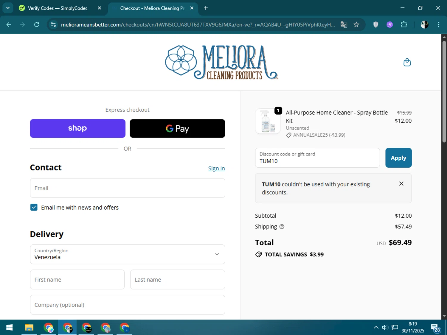 Meliora Cleaning Products promo code screenshot showing code TUM10 applied at Meliora Cleaning Products checkout page. Uploaded by SimplyCodes community member CleverSage9163 on Nov 30, 2025