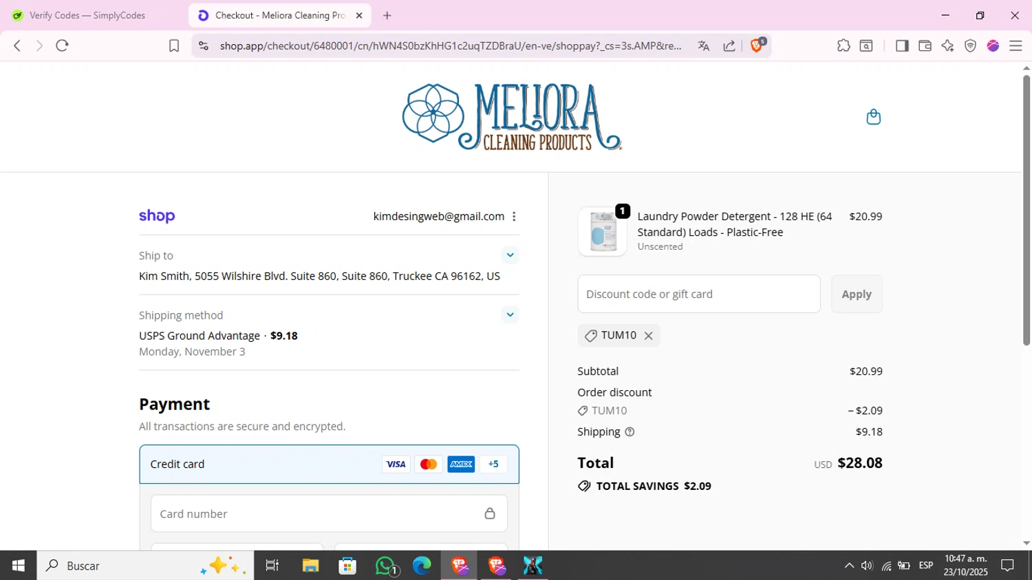 Meliora Cleaning Products promo code screenshot showing code TUM10 applied at Meliora Cleaning Products checkout page. Uploaded by SimplyCodes community member KimChrista_ on Oct 23, 2025