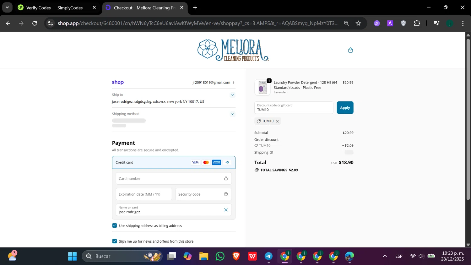 Meliora Cleaning Products promo code screenshot showing code TUM10 applied at Meliora Cleaning Products checkout page. Uploaded by SimplyCodes community member hanzell03 on Dec 29, 2025