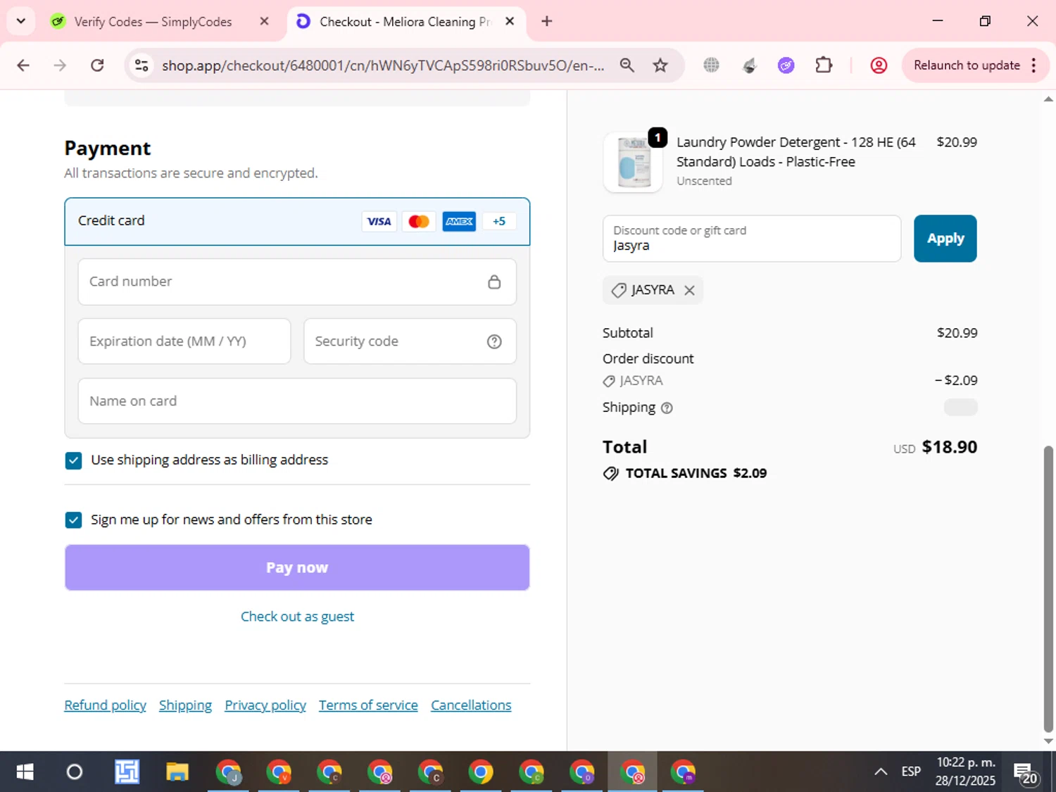 Meliora Cleaning Products promo code screenshot showing code Jasyra applied at Meliora Cleaning Products checkout page. Uploaded by SimplyCodes community member WonderCurator7831 on Dec 29, 2025
