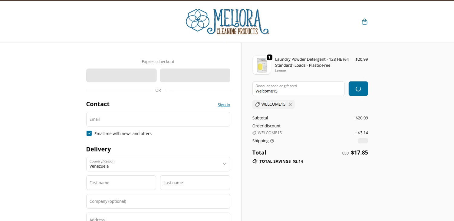 Meliora Cleaning Products promo code screenshot showing code Welcome15 applied at Meliora Cleaning Products checkout page. Uploaded by SimplyCodes community member BrillianteMaestro892 on Dec 29, 2025