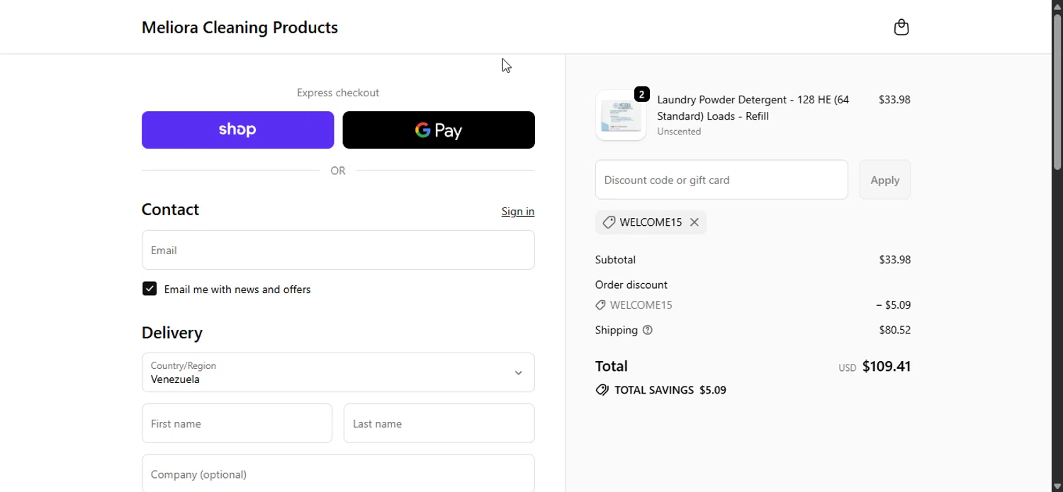 Meliora Cleaning Products promo code screenshot showing code Welcome15 applied at Meliora Cleaning Products checkout page. Uploaded by SimplyCodes community member Prospecto on Sep 25, 2025