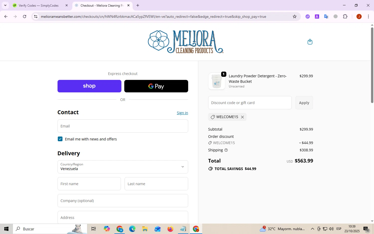 Meliora Cleaning Products promo code screenshot showing code Welcome15 applied at Meliora Cleaning Products checkout page. Uploaded by SimplyCodes community member ThriftyScout4426 on Oct 23, 2025