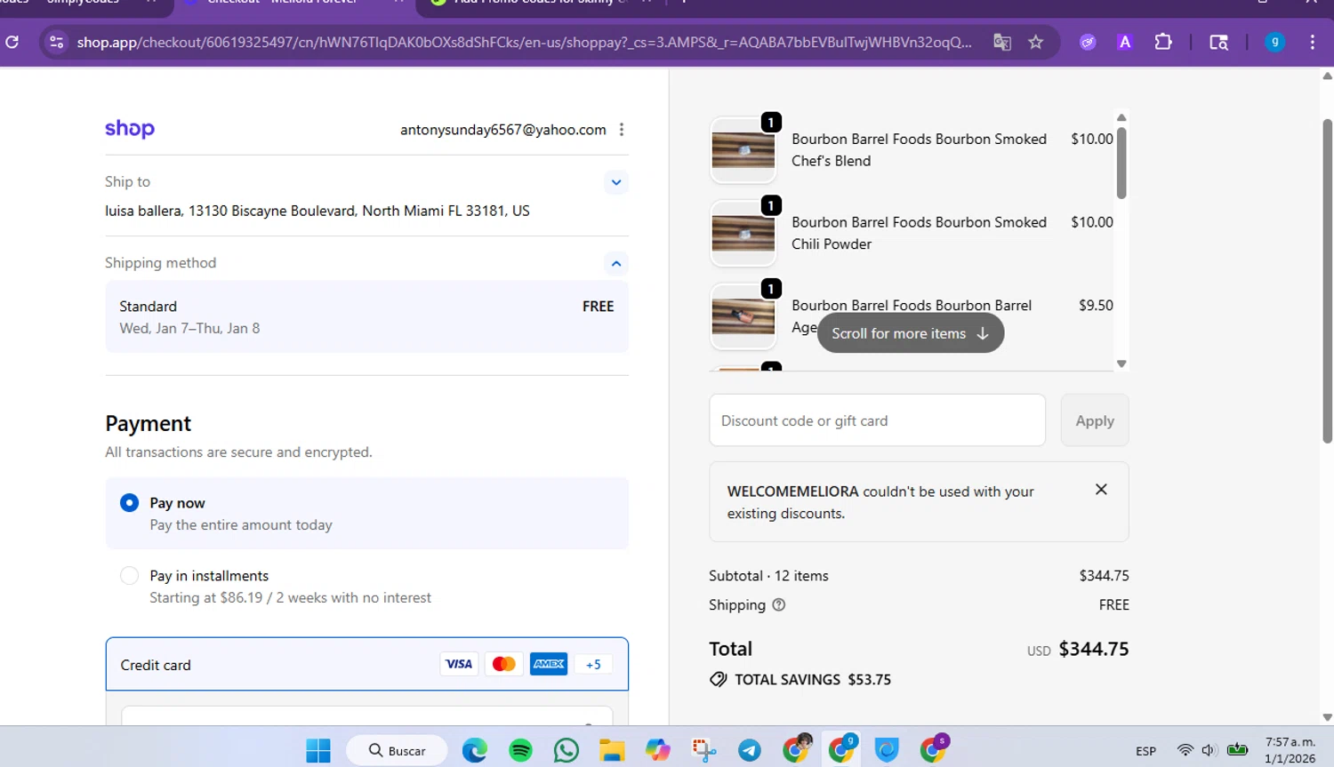 Meliora Forever promo code screenshot showing code WELCOMEMELIORA applied at Meliora Forever checkout page. Uploaded by SimplyCodes community member FrugalVirtuoso6318 on Jan 1, 2026
