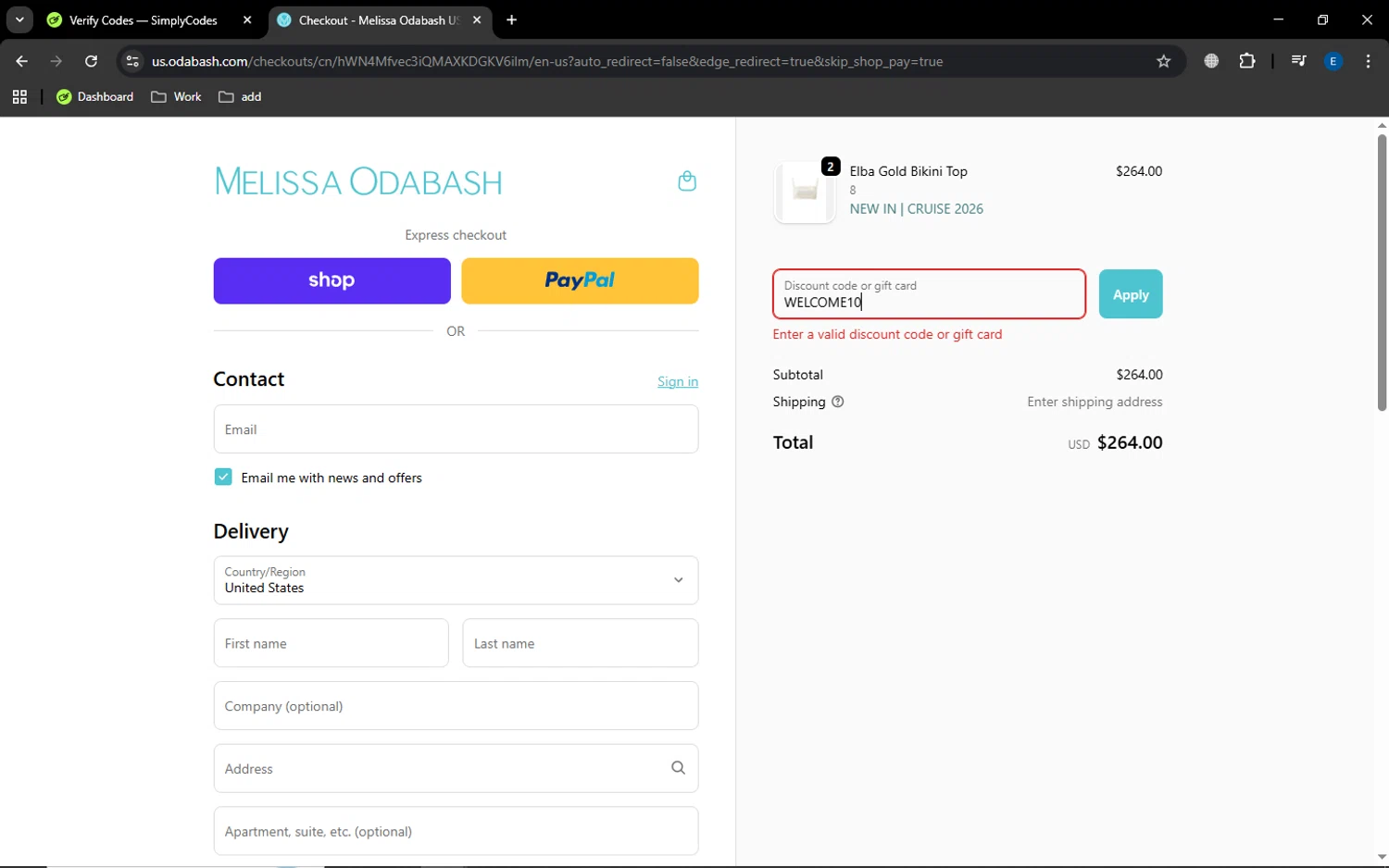 Melissa Odabash promo code screenshot showing code WELCOME10 applied at Melissa Odabash checkout page. Uploaded by SimplyCodes community member MoneyGenius452 on Oct 21, 2025