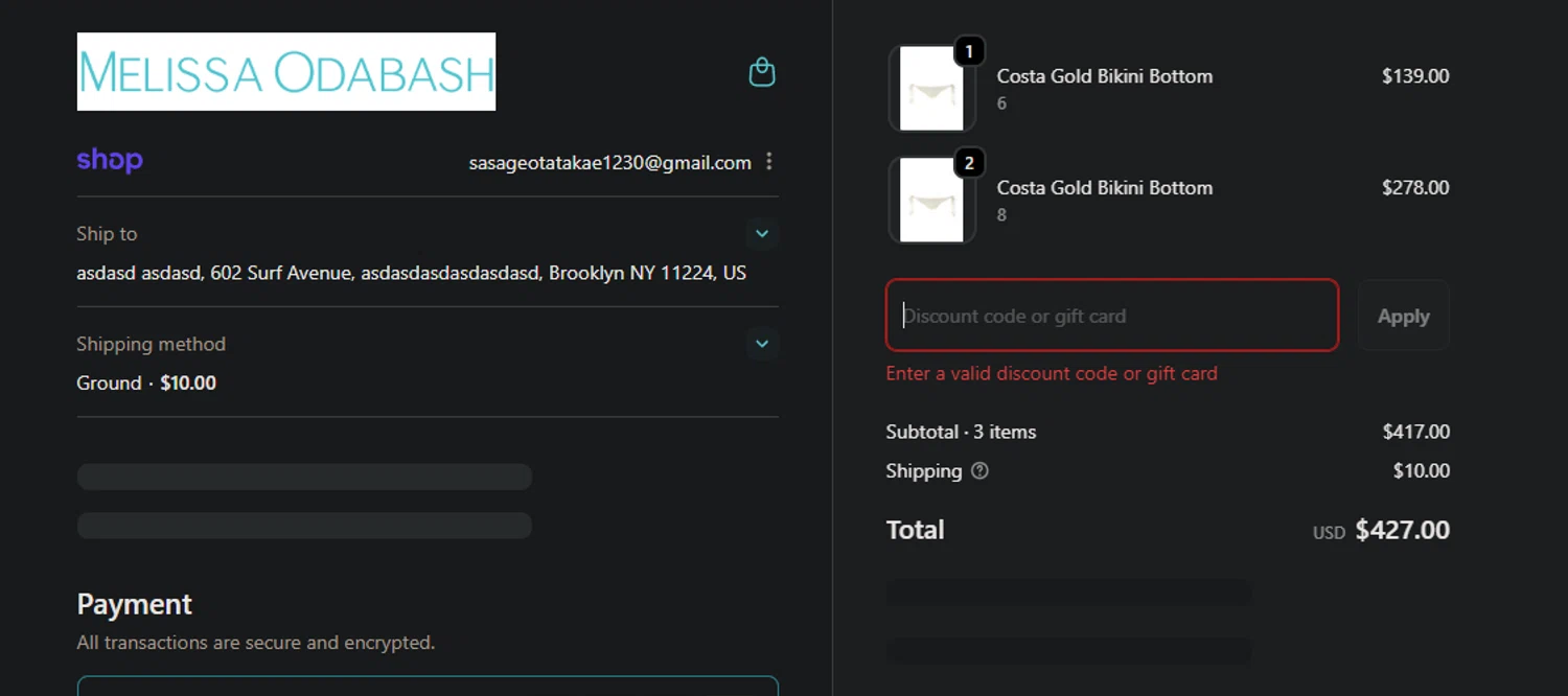 Melissa Odabash promo code screenshot showing code WELCOME10 applied at Melissa Odabash checkout page. Uploaded by SimplyCodes community member jaimitoalcachofa on Oct 21, 2025