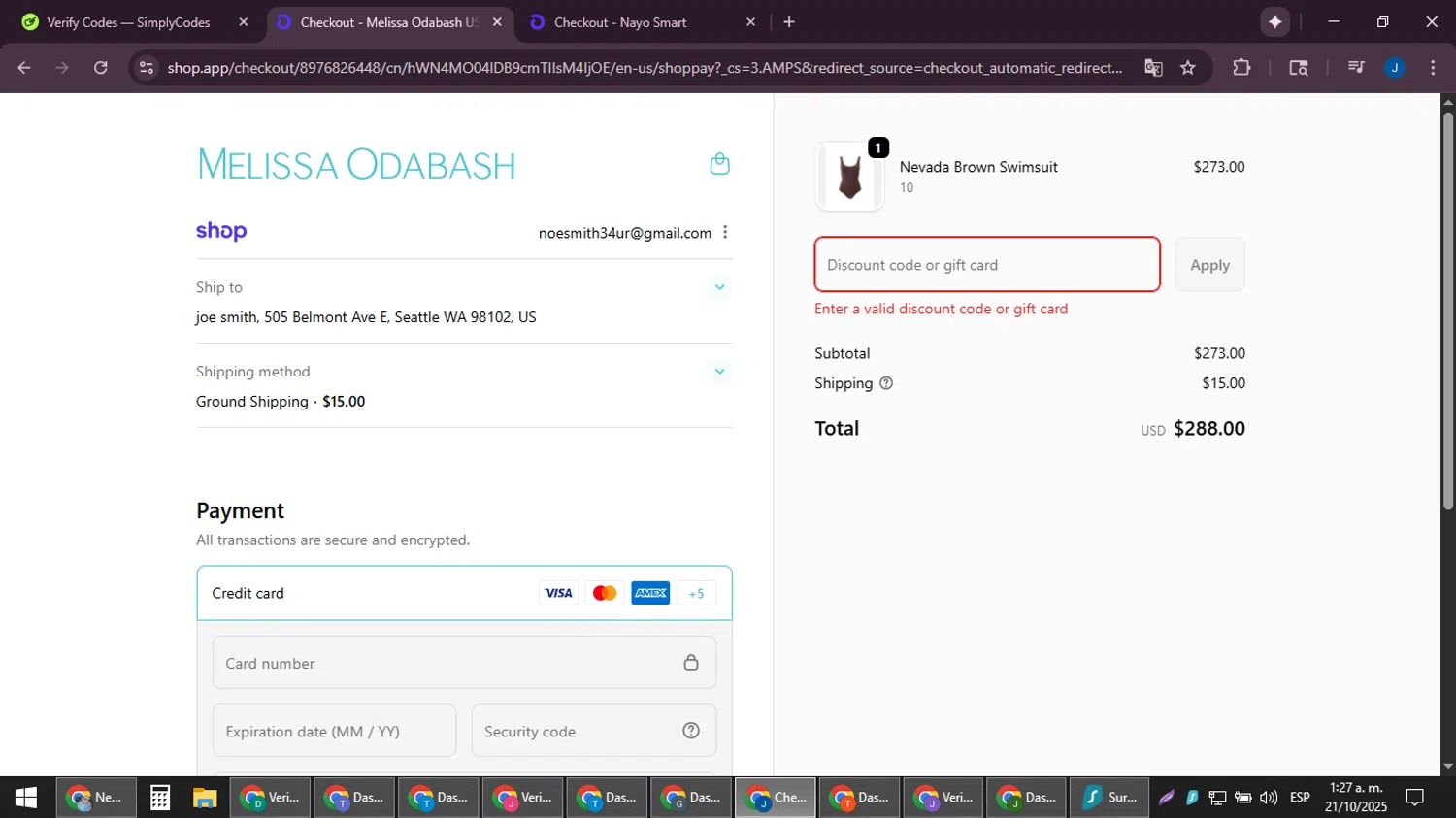 Melissa Odabash promo code screenshot showing code WELCOME10 applied at Melissa Odabash checkout page. Uploaded by SimplyCodes community member noesmith34ur on Oct 21, 2025