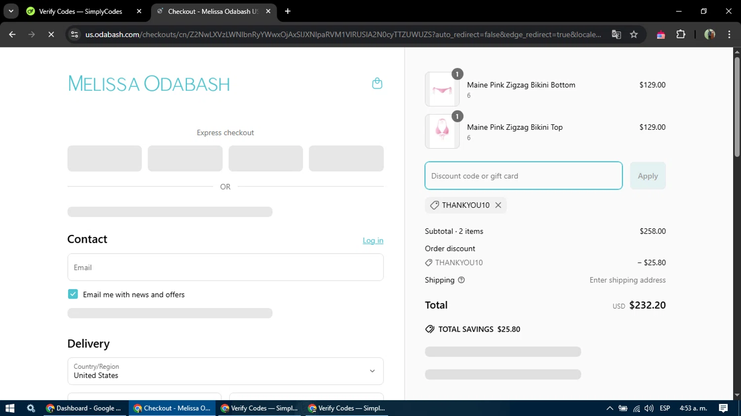 Melissa Odabash promo code screenshot showing code THANKYOU10 applied at Melissa Odabash checkout page. Uploaded by SimplyCodes community member MoneySentinel7597 on Apr 15, 2025