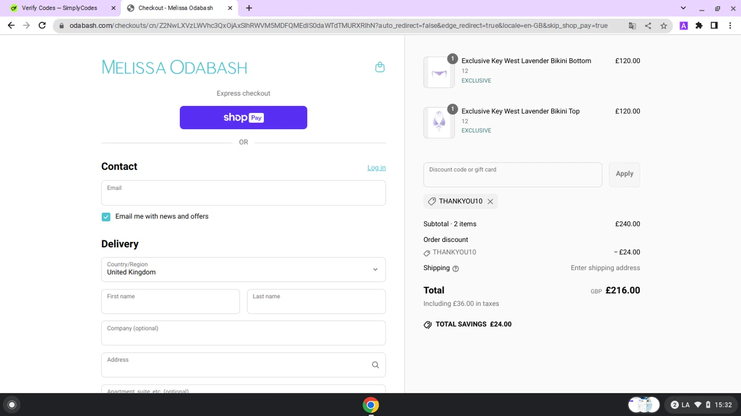 Melissa Odabash promo code screenshot showing code THANKYOU10 applied at Melissa Odabash checkout page. Uploaded by SimplyCodes community member lapampita on Jun 14, 2025