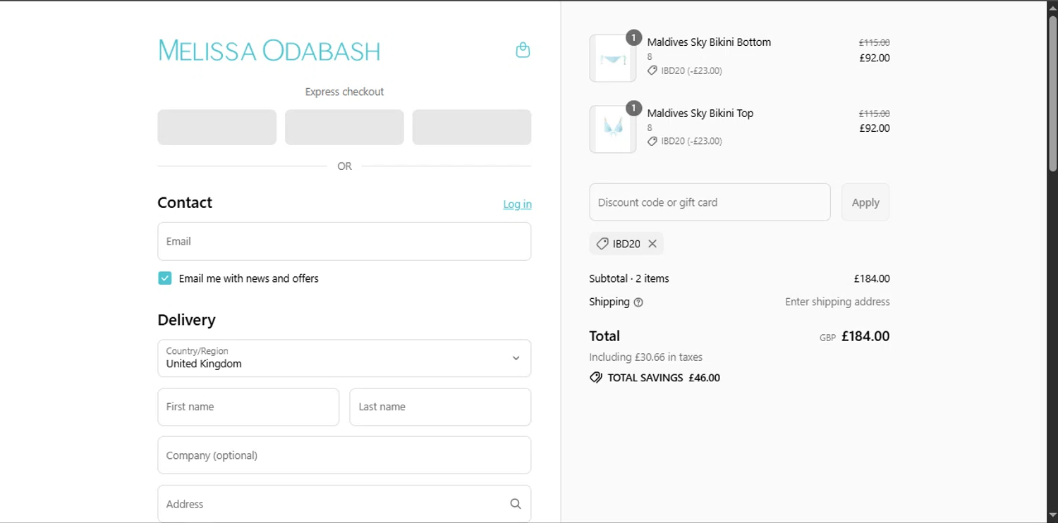Melissa Odabash promo code screenshot showing code ibd20 applied at Melissa Odabash checkout page. Uploaded by SimplyCodes community member Xiooh292929 on Jul 4, 2025