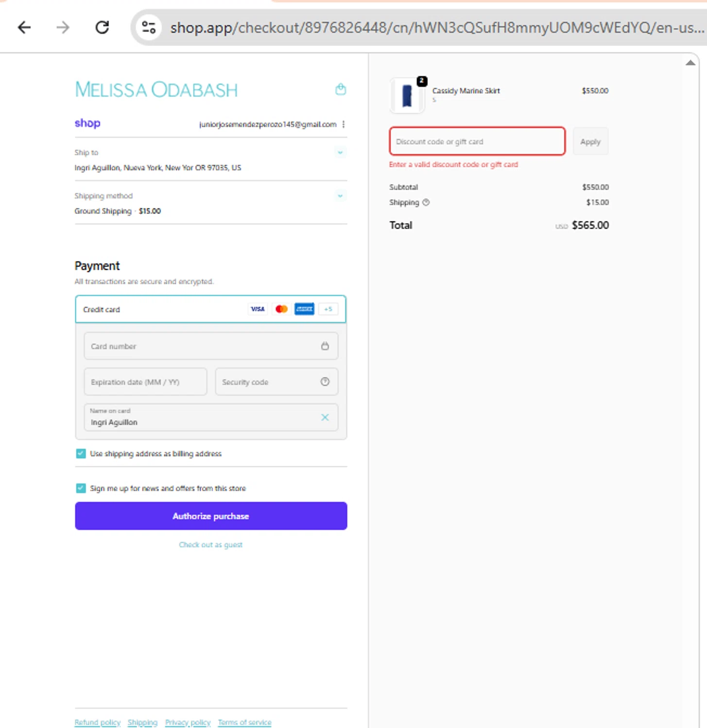 Melissa Odabash promo code screenshot showing code EXTRA-10 applied at Melissa Odabash checkout page. Uploaded by SimplyCodes community member ingric on Oct 1, 2025