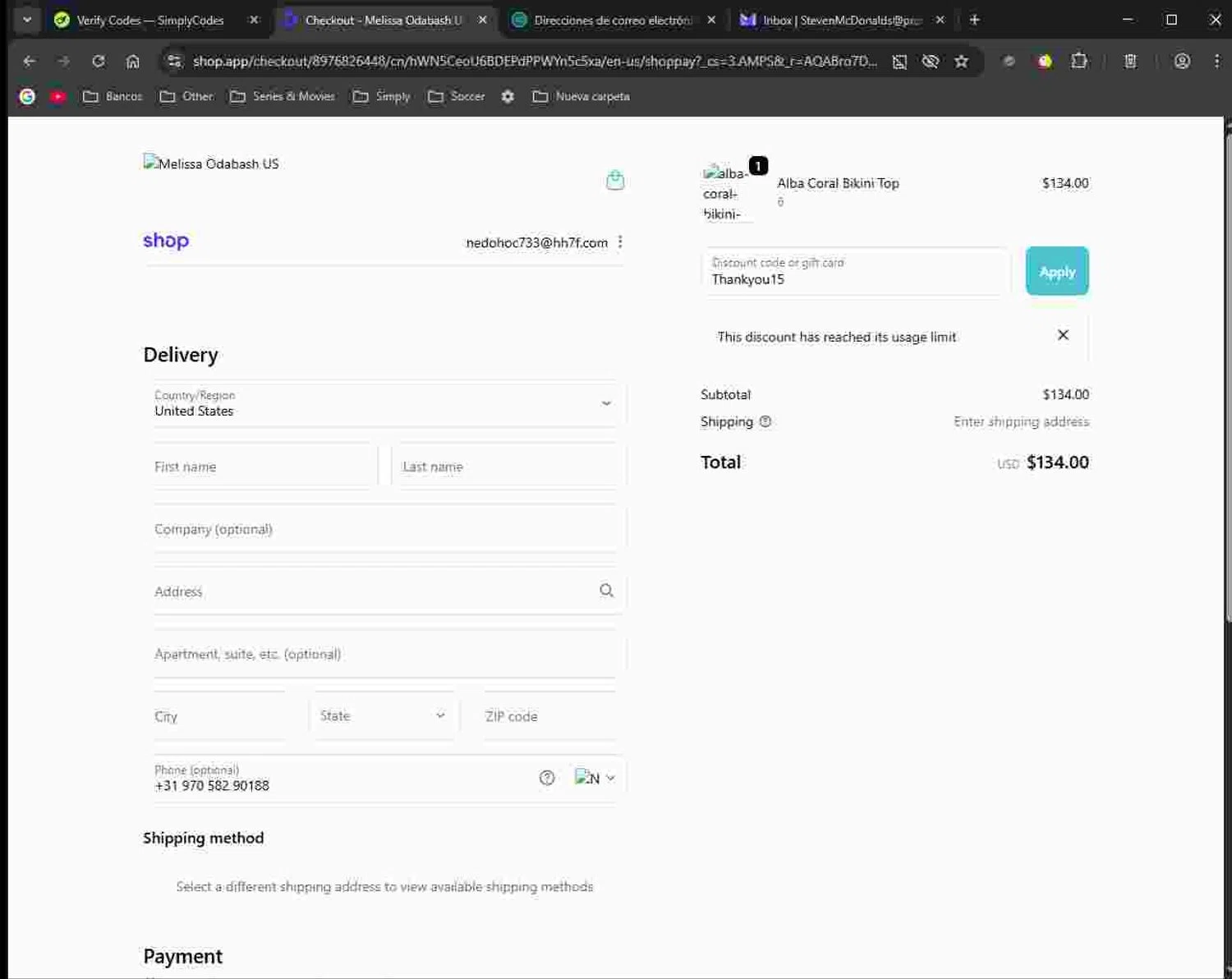 Melissa Odabash promo code screenshot showing code Thankyou15 applied at Melissa Odabash checkout page. Uploaded by SimplyCodes community member JessyRojas on Nov 12, 2025