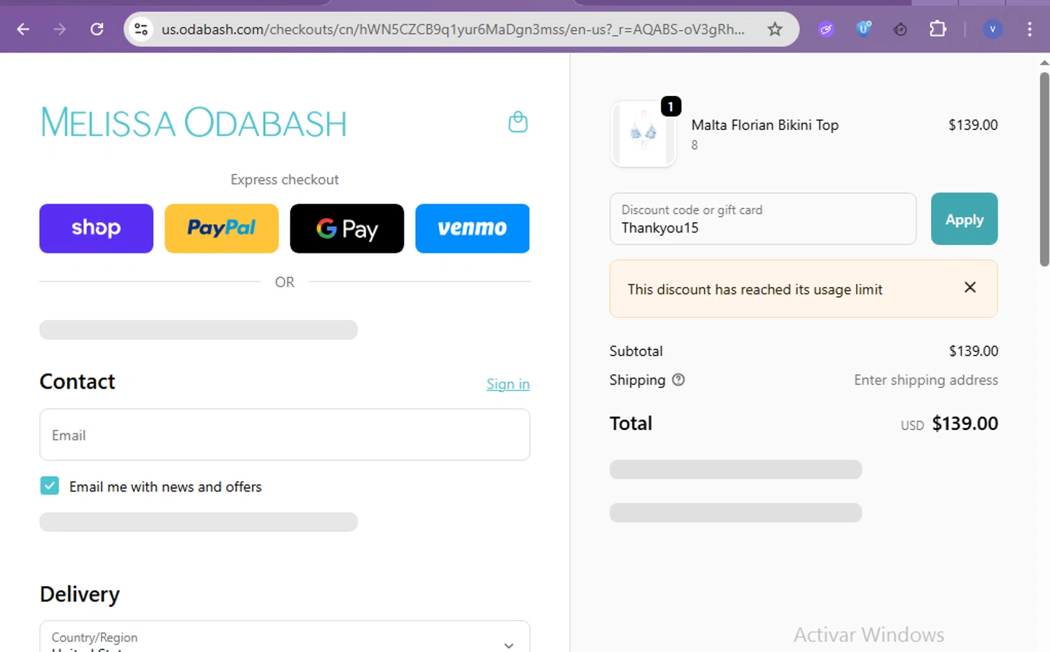 Melissa Odabash promo code screenshot showing code Thankyou15 applied at Melissa Odabash checkout page. Uploaded by SimplyCodes community member beatrizcastillo on Nov 12, 2025
