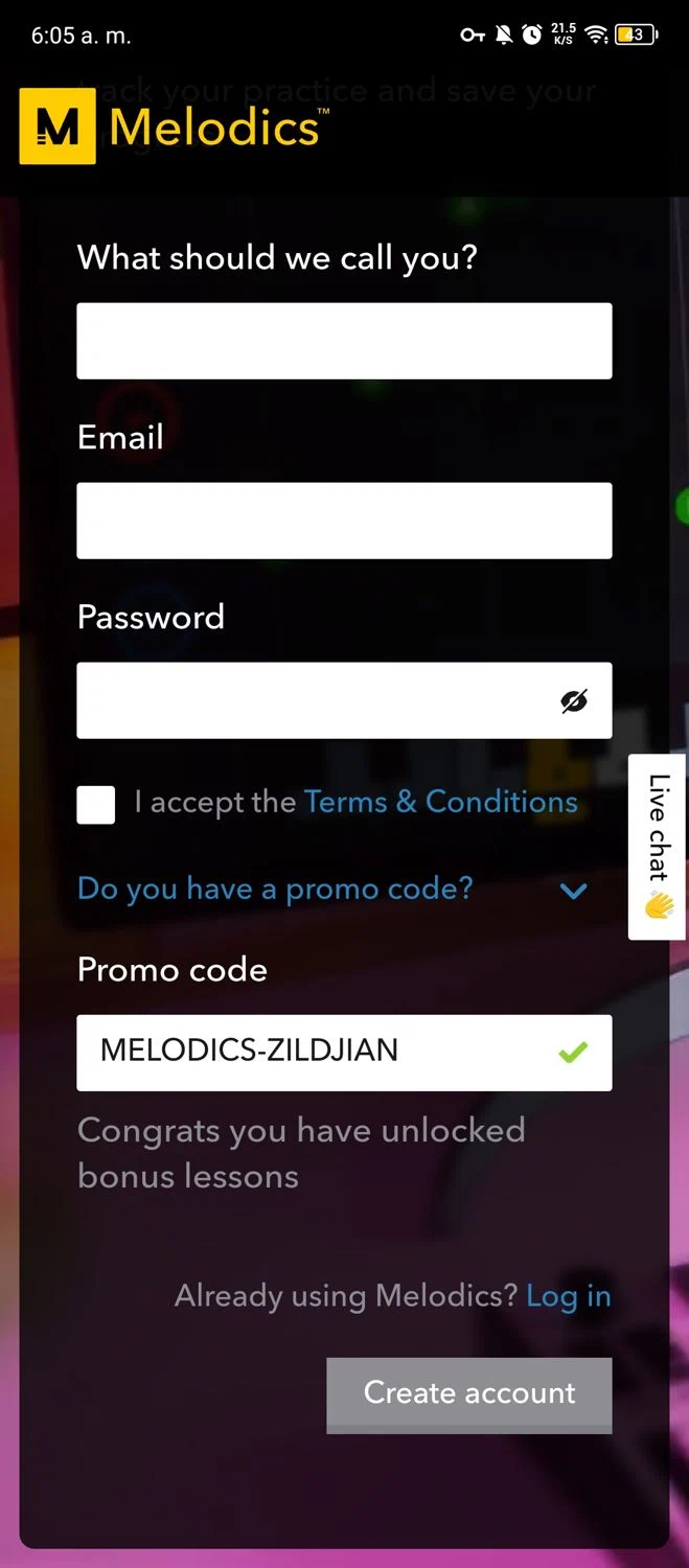 where to use Melodics promo code box
