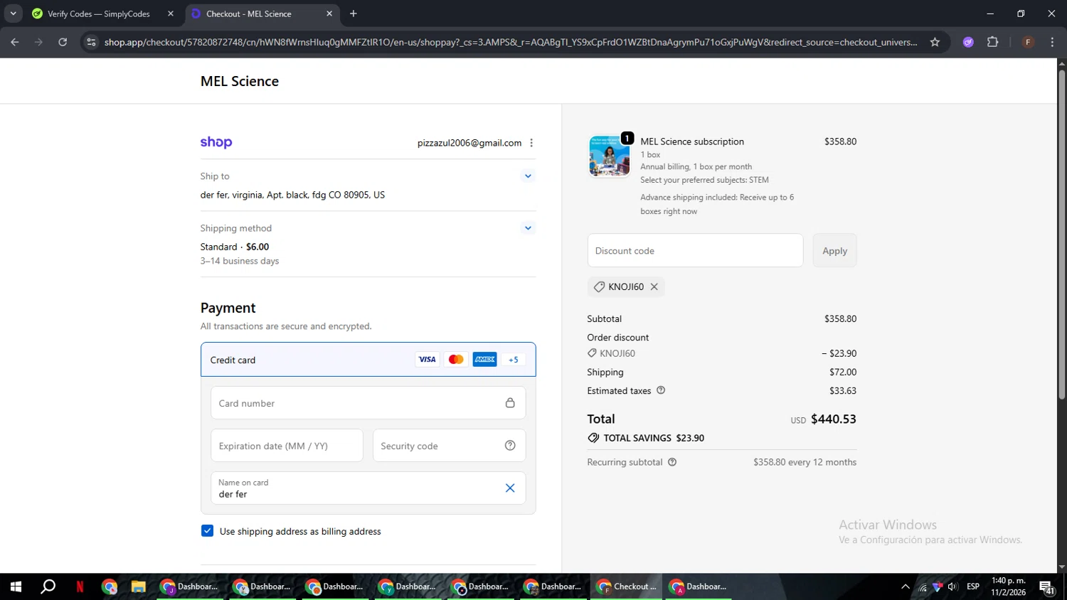MEL Science checkout page showing MEL Science promo code box | Screenshot taken by SimplyCodes community member on Feb 11, 2026