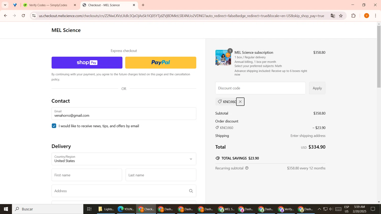 MEL Science promo code screenshot showing code KNOJI60 applied at MEL Science checkout page. Uploaded by SimplyCodes community member MightyPro2893 on Feb 20, 2025
