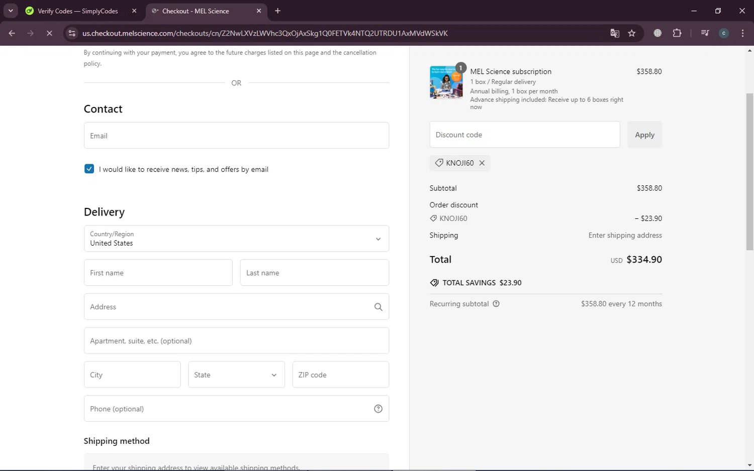 MEL Science promo code screenshot showing code KNOJI60 applied at MEL Science checkout page. Uploaded by SimplyCodes community member TokenTiger248 on Jan 9, 2025