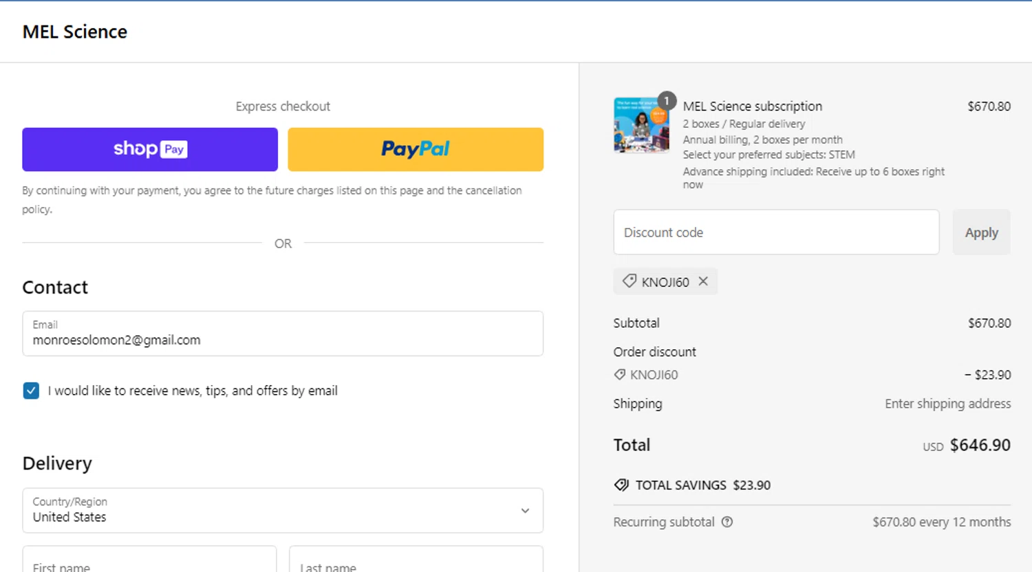 MEL Science promo code screenshot showing code KNOJI60 applied at MEL Science checkout page. Uploaded by SimplyCodes community member pradenest_e8ec on Jan 15, 2025