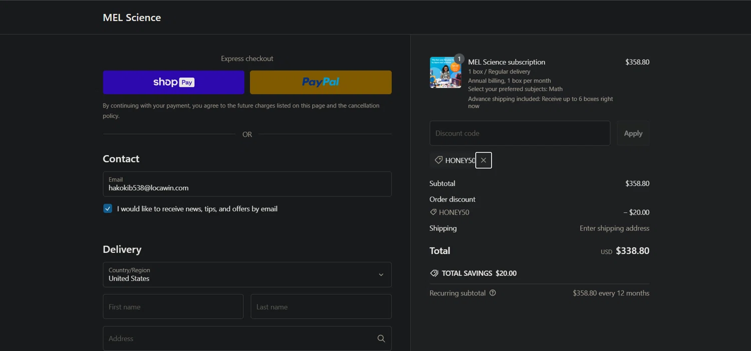 MEL Science promo code screenshot showing code HONEY50 applied at MEL Science checkout page. Uploaded by SimplyCodes community member Ray_YNN on Feb 20, 2025