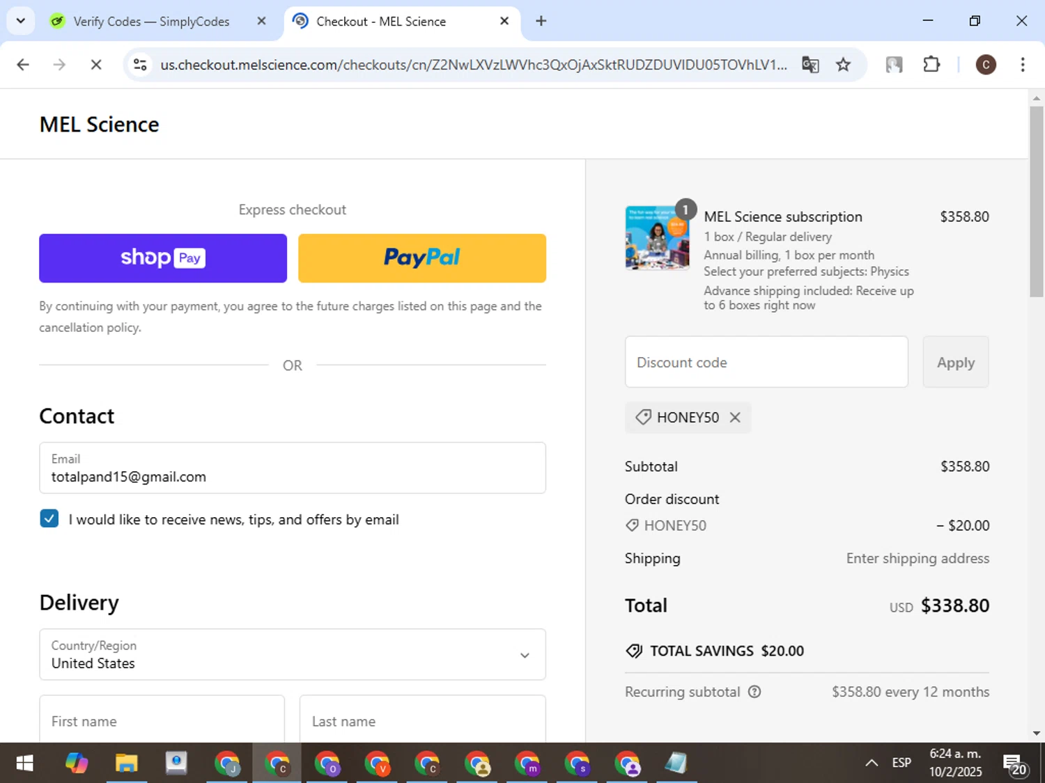 MEL Science promo code screenshot showing code HONEY50 applied at MEL Science checkout page. Uploaded by SimplyCodes community member TreasureFox8596 on Feb 10, 2025