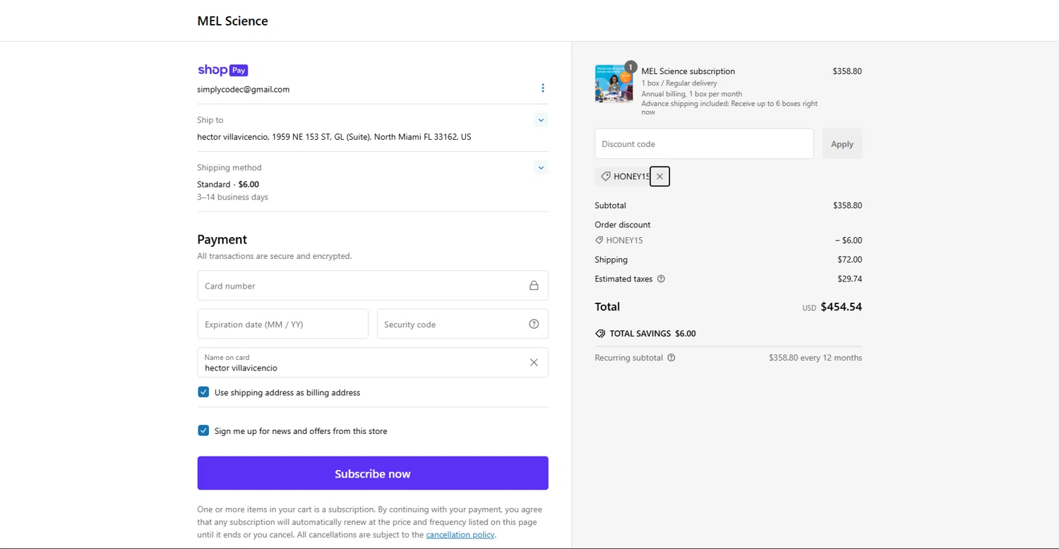 MEL Science promo code screenshot showing code HONEY15 applied at MEL Science checkout page. Uploaded by SimplyCodes community member MasterKing on Jan 6, 2025