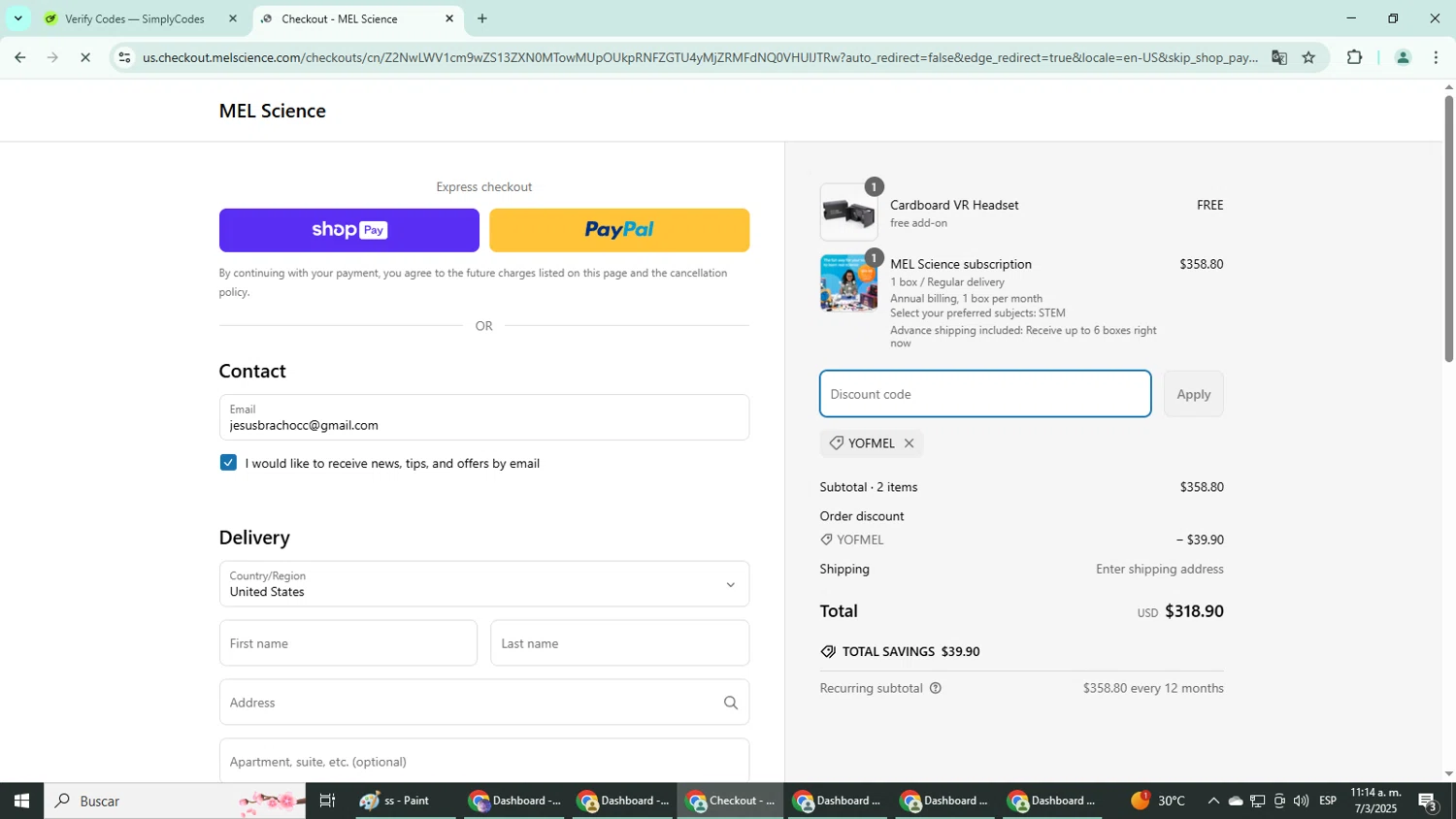 MEL Science promo code screenshot showing code YOFMEL applied at MEL Science checkout page. Uploaded by SimplyCodes community member VoucherSpotter7661 on Mar 7, 2025