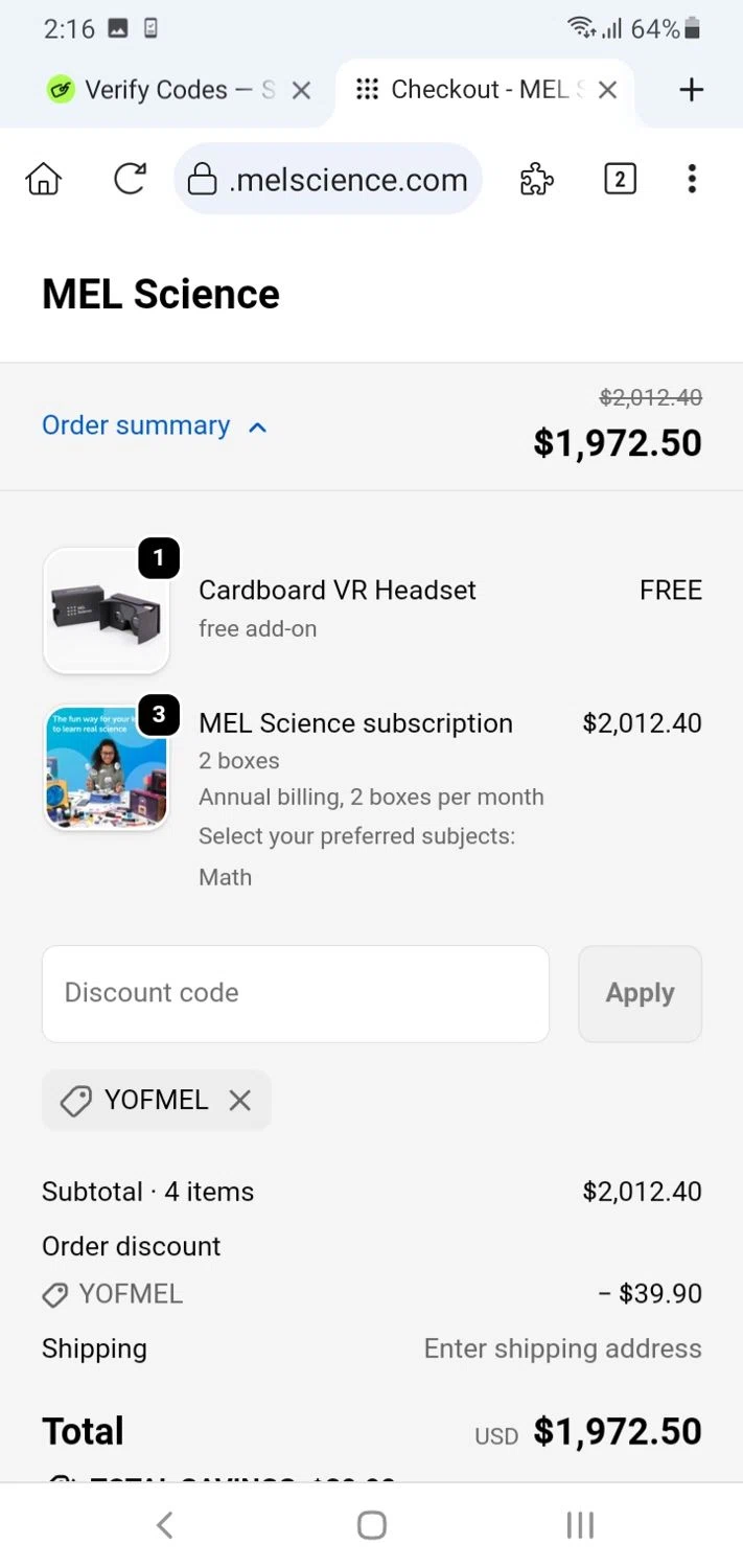 MEL Science promo code screenshot showing code YOFMEL applied at MEL Science checkout page. Uploaded by SimplyCodes community member menotychire on Dec 26, 2025