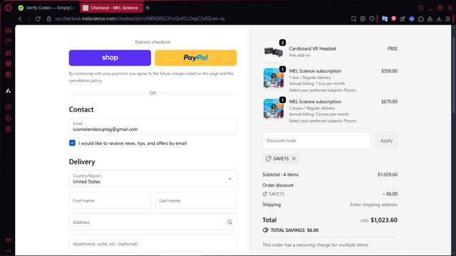 MEL Science checkout page showing MEL Science promo code box | Screenshot taken by SimplyCodes community member on Sep 23, 2025