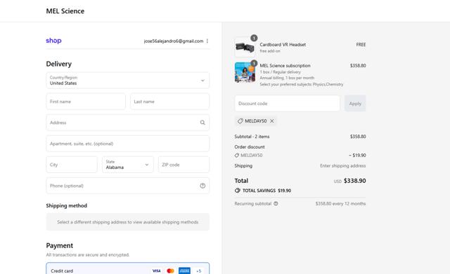 MEL Science checkout page showing MEL Science promo code box | Screenshot taken by SimplyCodes community member on Sep 14, 2025