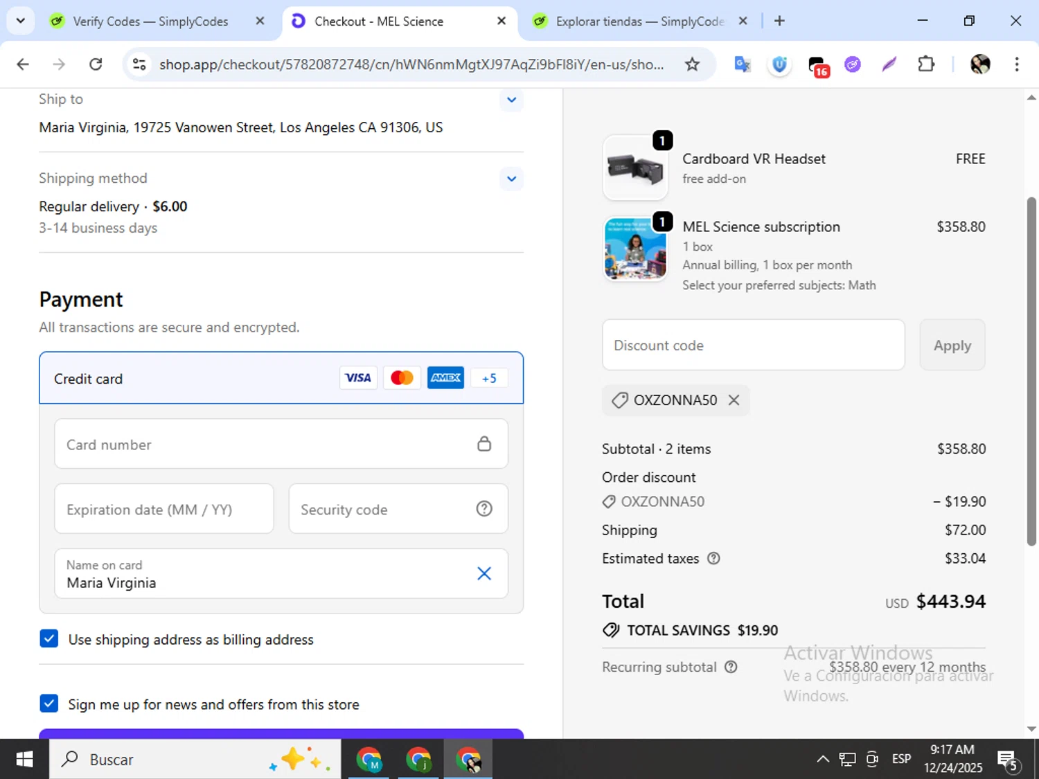 MEL Science checkout page showing MEL Science promo code box | Screenshot taken by SimplyCodes community member on Dec 24, 2025