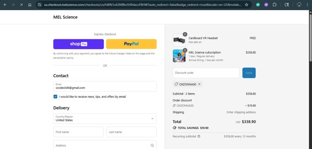 MEL Science checkout page showing MEL Science promo code box | Screenshot taken by SimplyCodes community member on Aug 14, 2025