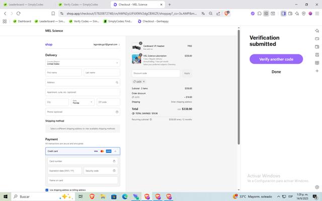 MEL Science checkout page showing MEL Science promo code box | Screenshot taken by SimplyCodes community member on Sep 14, 2025