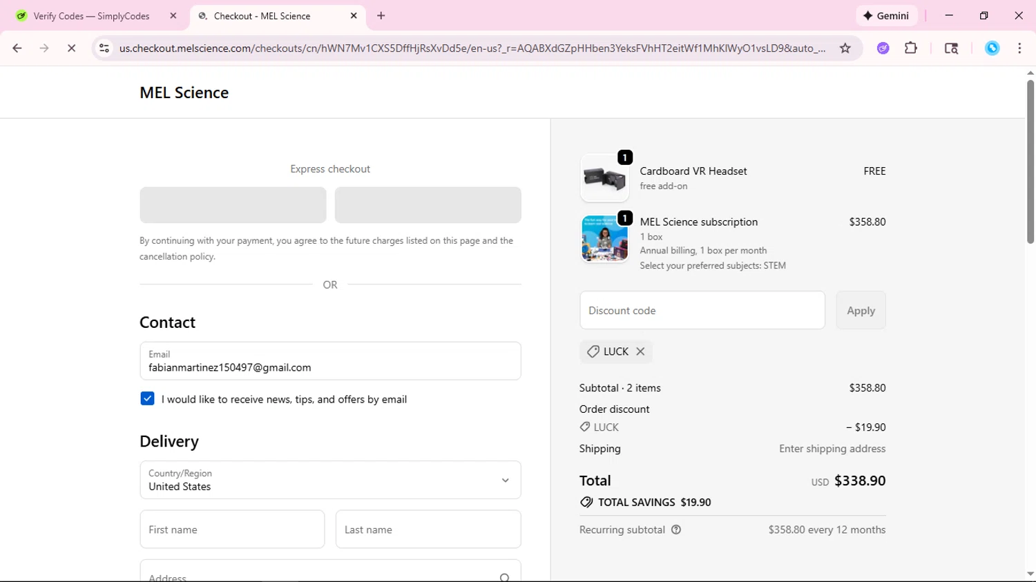 MEL Science checkout page showing MEL Science promo code box | Screenshot taken by SimplyCodes community member on Jan 8, 2026