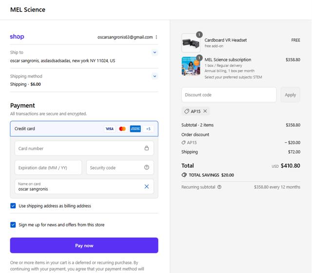 MEL Science checkout page showing MEL Science promo code box | Screenshot taken by SimplyCodes community member on Sep 14, 2025