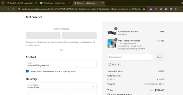 MEL Science checkout page showing MEL Science promo code box | Screenshot taken by SimplyCodes community member on Aug 16, 2025