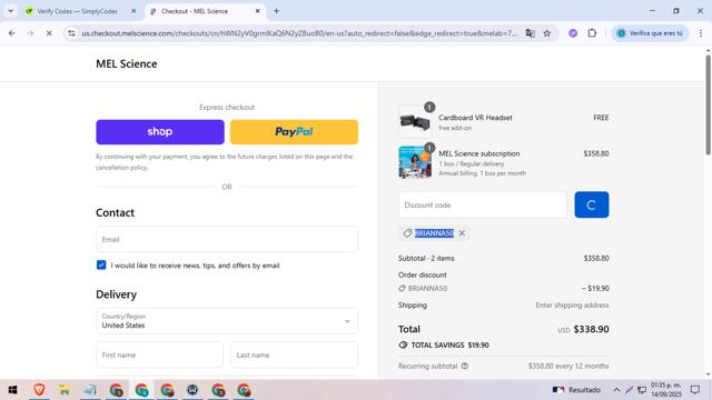 MEL Science checkout page showing MEL Science promo code box | Screenshot taken by SimplyCodes community member on Sep 14, 2025