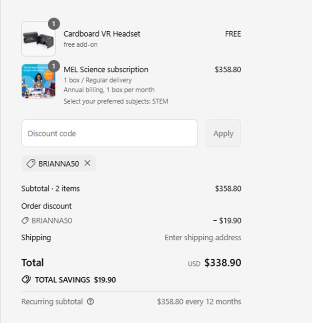 MEL Science checkout page showing MEL Science promo code box | Screenshot taken by SimplyCodes community member on Aug 16, 2025