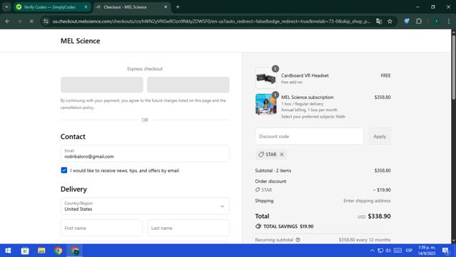 MEL Science checkout page showing MEL Science promo code box | Screenshot taken by SimplyCodes community member on Sep 14, 2025