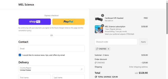 MEL Science checkout page showing MEL Science promo code box | Screenshot taken by SimplyCodes community member on Aug 27, 2025