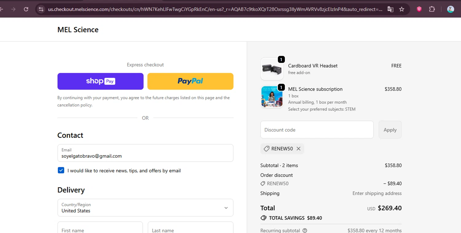 MEL Science checkout page showing MEL Science promo code box | Screenshot taken by SimplyCodes community member on Jan 7, 2026