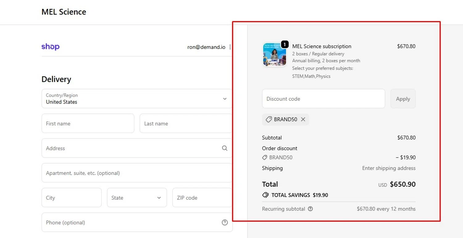 MEL Science promo code screenshot showing code BRAND50 applied at MEL Science checkout page. Uploaded by SimplyCodes community member Swiftdealz on Nov 10, 2025