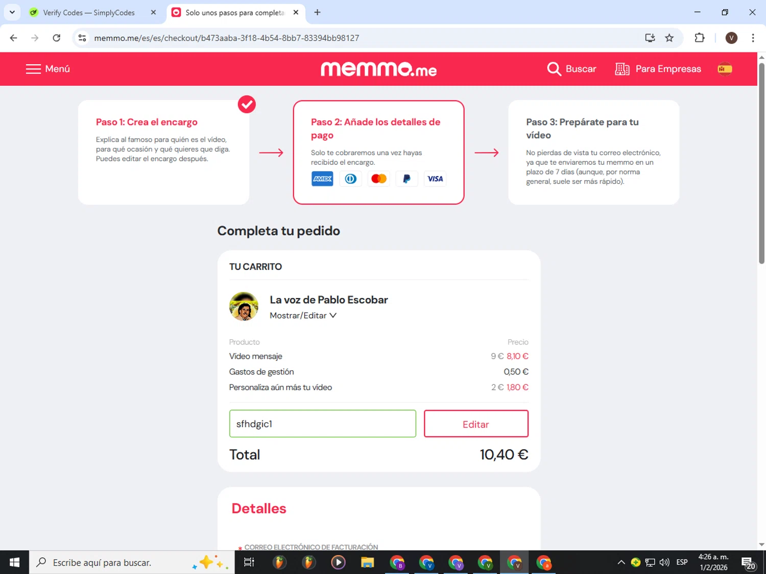 memmo promo code screenshot showing code sfhdgic1 applied at memmo checkout page. Uploaded by SimplyCodes community member CashLion3448 on Feb 1, 2026